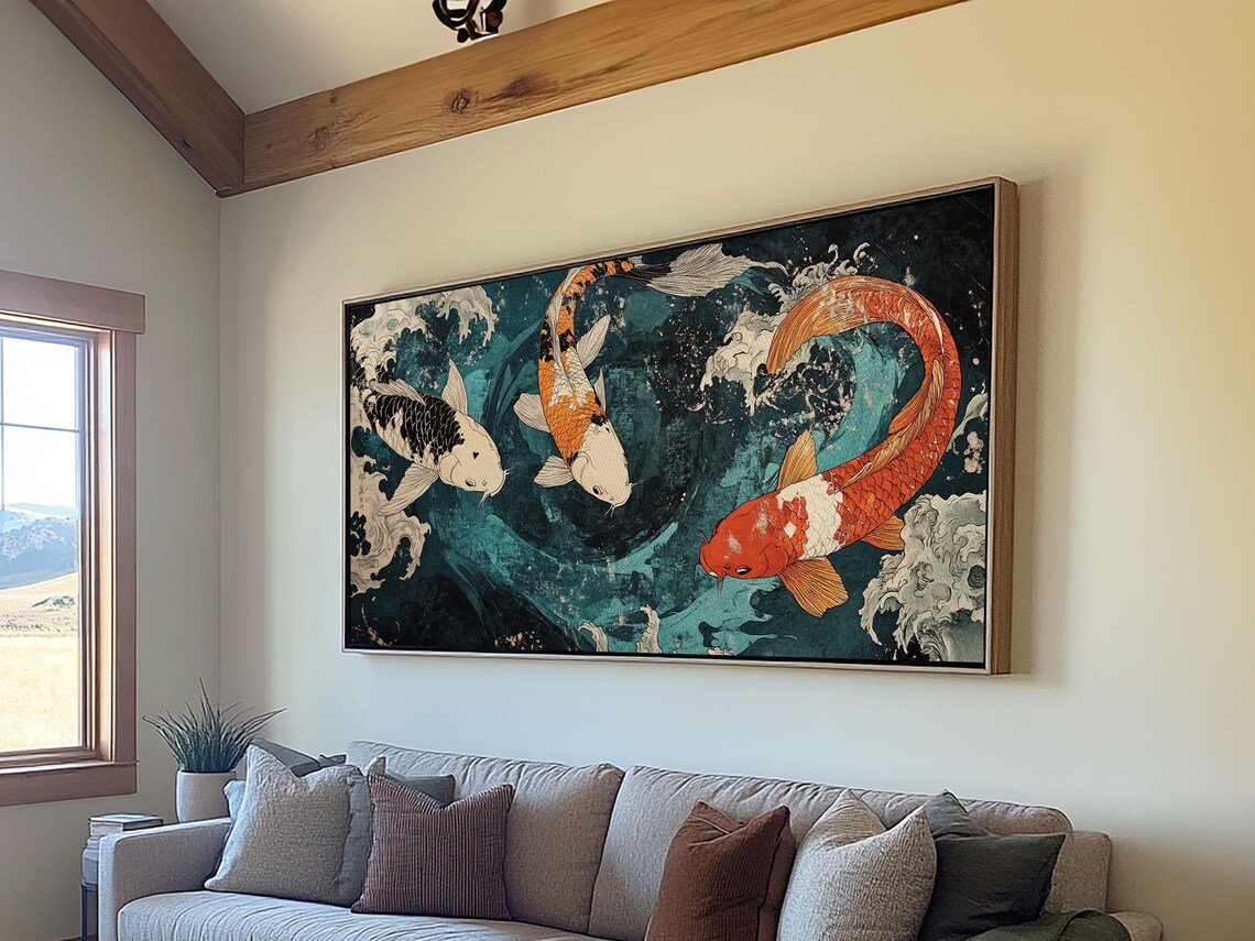 Three Koi Fish Swimming In Teal Water Japanese Style Painting Wall Art