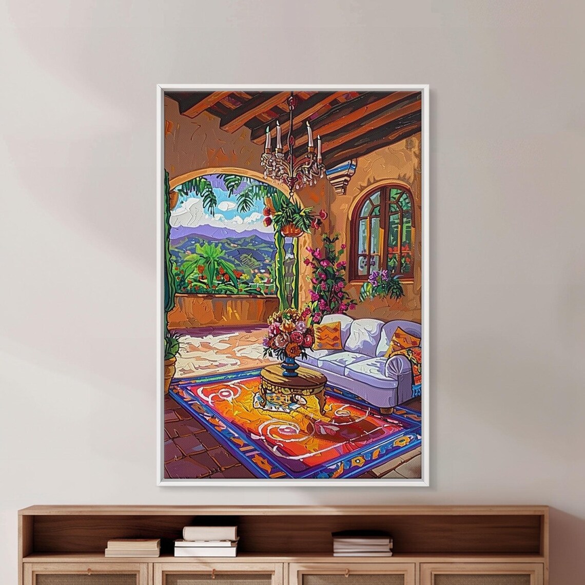 Mexican Terrace Chandelier Sofa Colorful Rug Mountain View Patio Art Print - Image 4