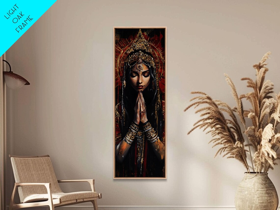 Indian Goddess Prayer Golden Halo Dark Red Ornate Art Poster - Image 3