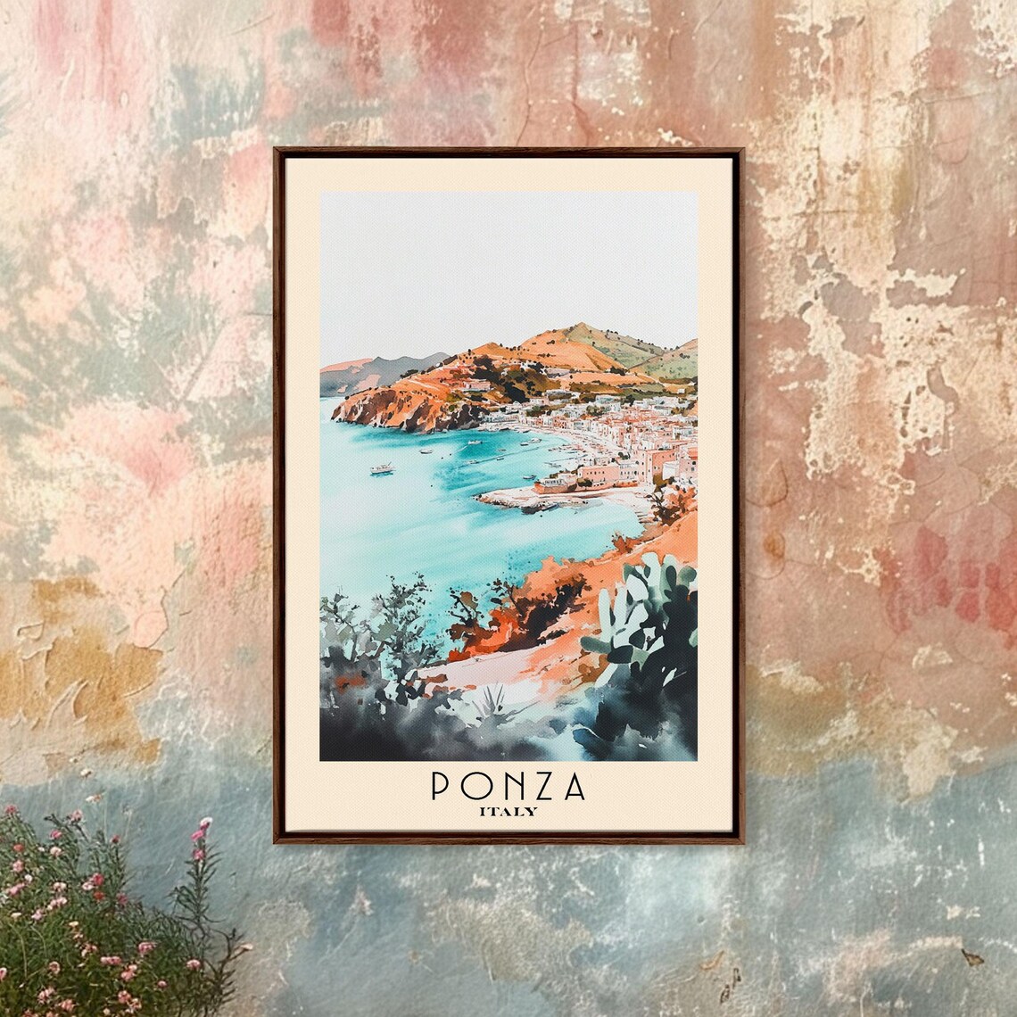 Ponza Italy Turquoise Harbor Pastel Town Cacti Watercolor Travel Poster
