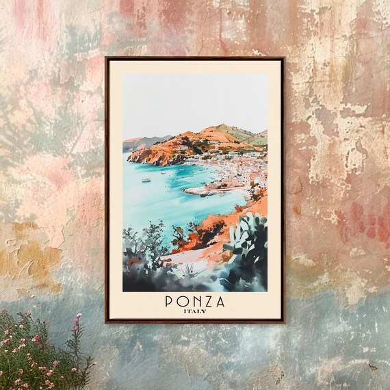 Ponza Italy Turquoise Harbor Pastel Town Cacti Watercolor Travel Poster
