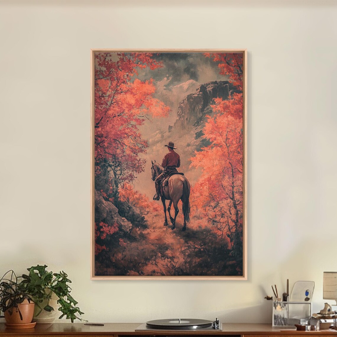 Cowboy On Horseback Canyon Path Blazing Red Autumn Trees Rocky Poster - Image 3