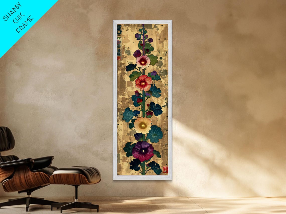 Hollyhock Flowers Gold Background Ukiyo E Tall Japanese Art Poster - Image 4