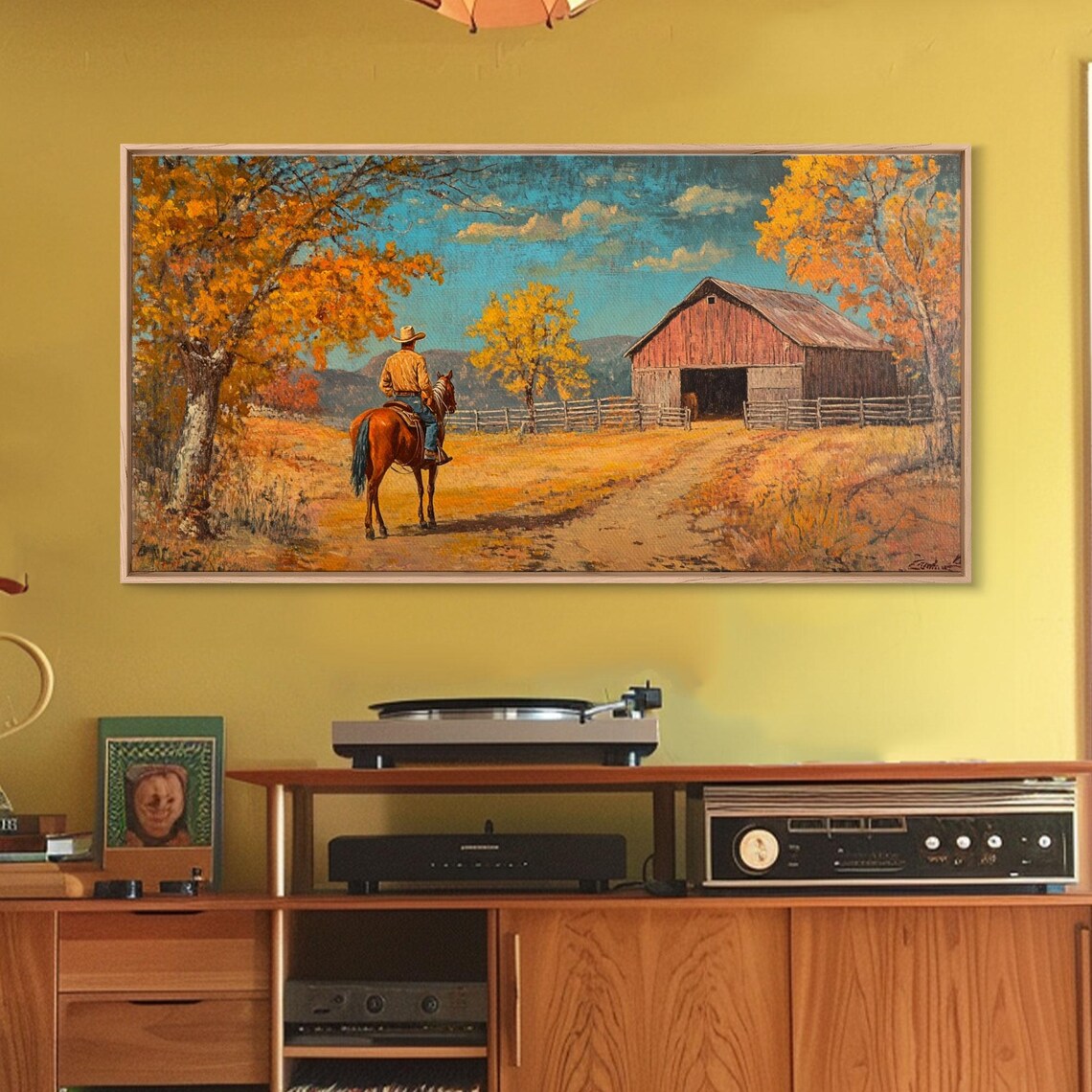 Cowboy Riding To The Red Barn Golden Autumn Farm Landscape Poster - Image 3