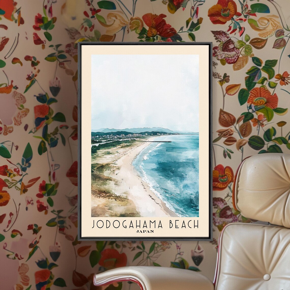 Jodogahama Beach Japan Misty Coastal Sandy Shoreline Watercolor Art Poster - Image 2