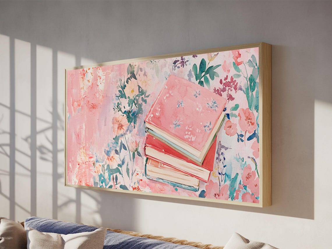 Pink Floral Books Stack Watercolor Reading Corner Library Poster - Image 5