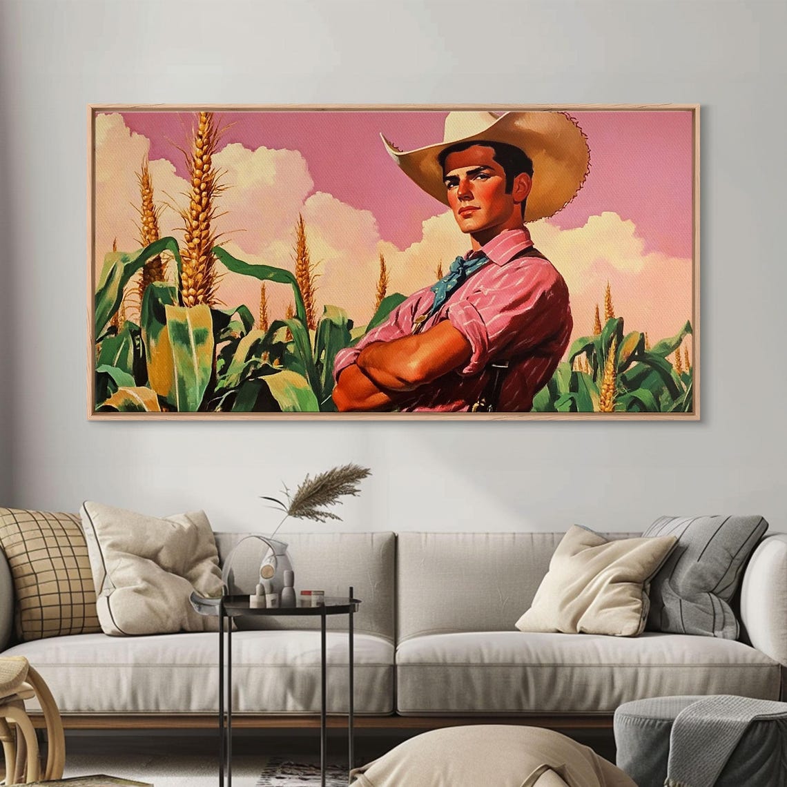 Surreal Cowboy Art Farmer Amongst The Corn Framed Print Farmhouse Pop Art Rustic Boho Style 1950s Retro Art - Image 2