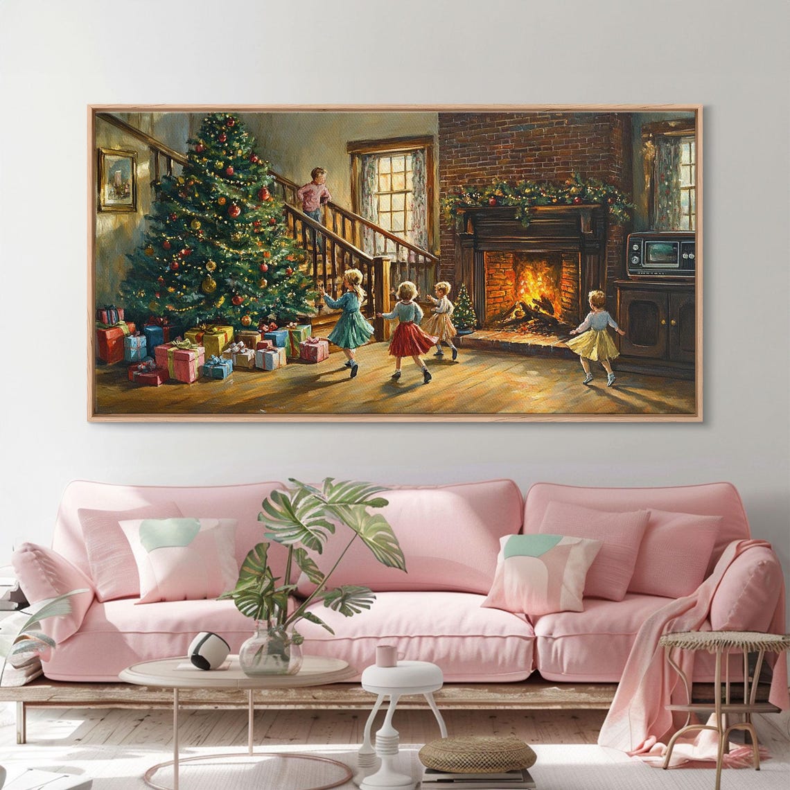 Children Dancing Christmas Tree Fireplace Gifts Vintage Wall Art - Image 4