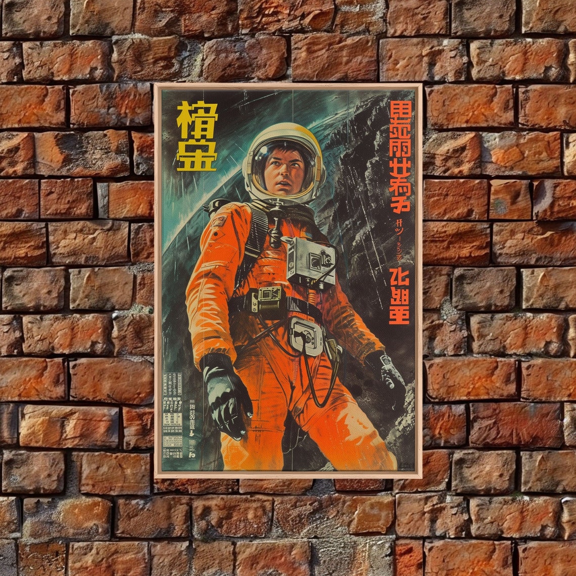 Japanese Astronaut Movie Poster Orange Spacesuit Walking on Moon Art