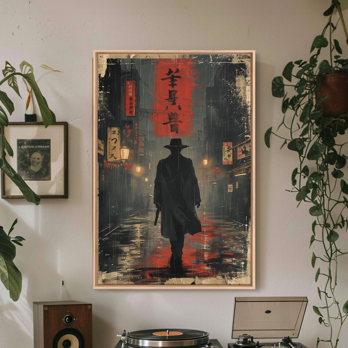 Rainy Tokyo Alley Detective Poster Noir Silhouette with Neon Kanji