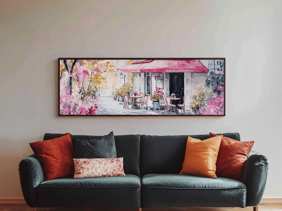 Parisian Cafe Cherry Blossom Painting Framed Print Extra Wide Art Horizontal Wall Art Rustic Above Sofa Decor