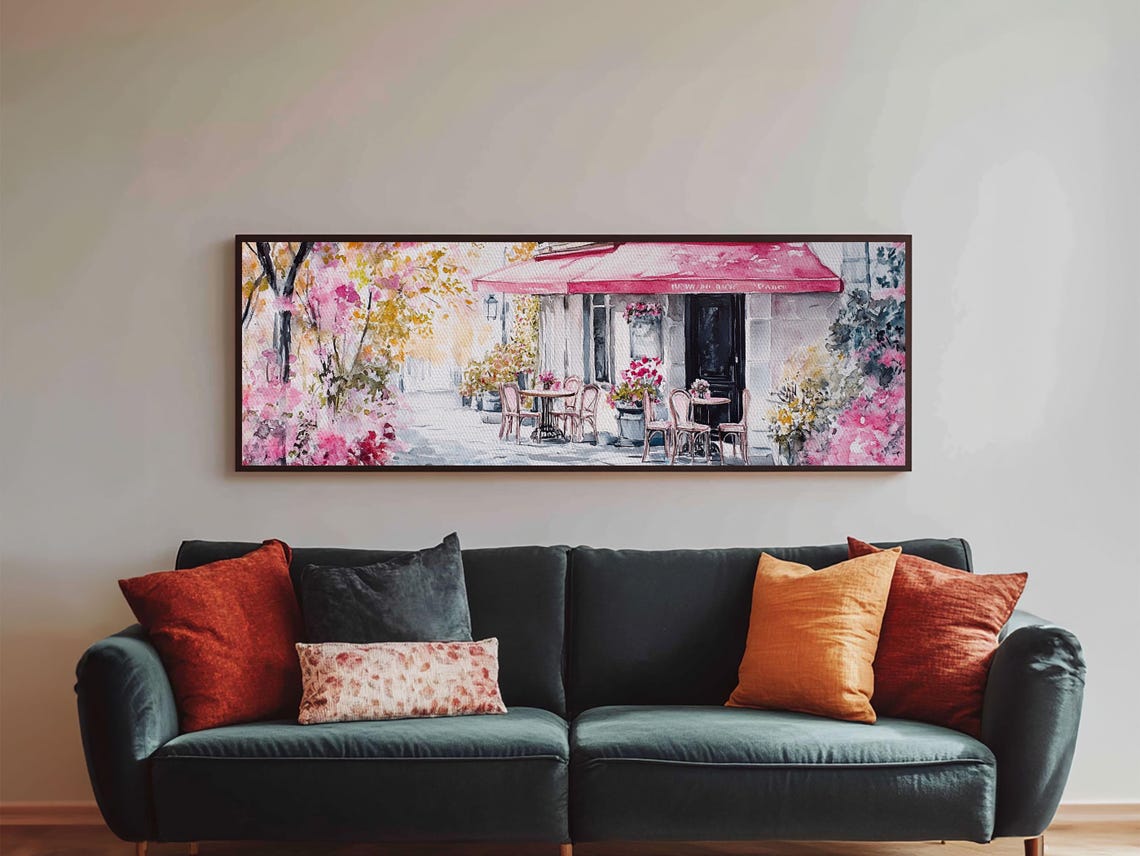 Parisian Cafe Cherry Blossom Painting Framed Print Extra Wide Art Horizontal Wall Art Rustic Above Sofa Decor