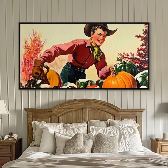 1950s Smiling Cowboy Among Giant Pumpkins With Fall Foliage Vintage Poster