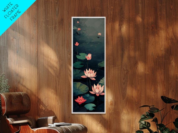 Calm Water Lilies Floating On Still Pond With Subtle Ripples Ukiyo E Skinny Tall Wood Block Framed Print Japanese Style Art