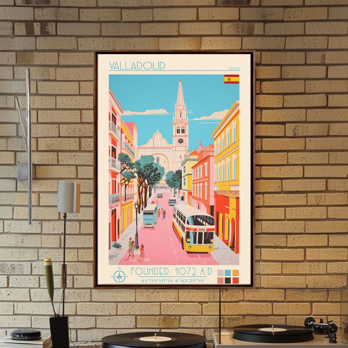 Valladolid Spain Cathedral Street With Vintage Buses Travel Poster - Image 2