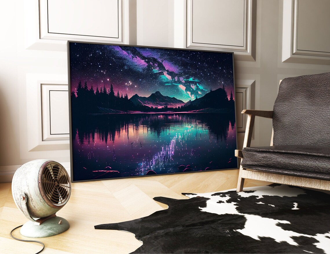 Lake Forest Mountains Stars Night Sky Art Print - Image 2