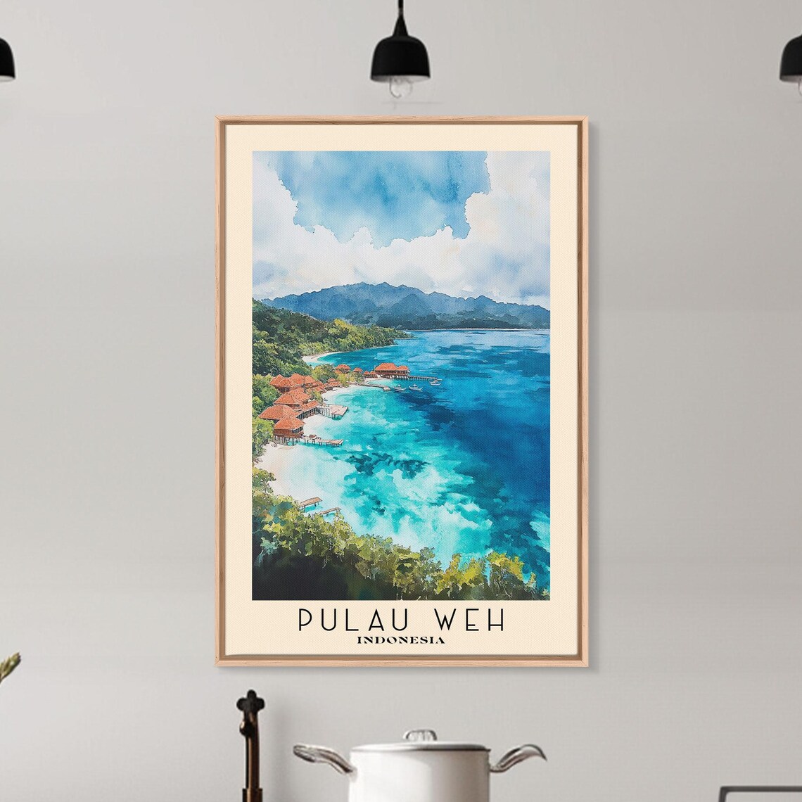 Pulau Weh Indonesia Aerial Overwater Bungalows Turquoise Reef Bay Watercolor Poster - Image 6