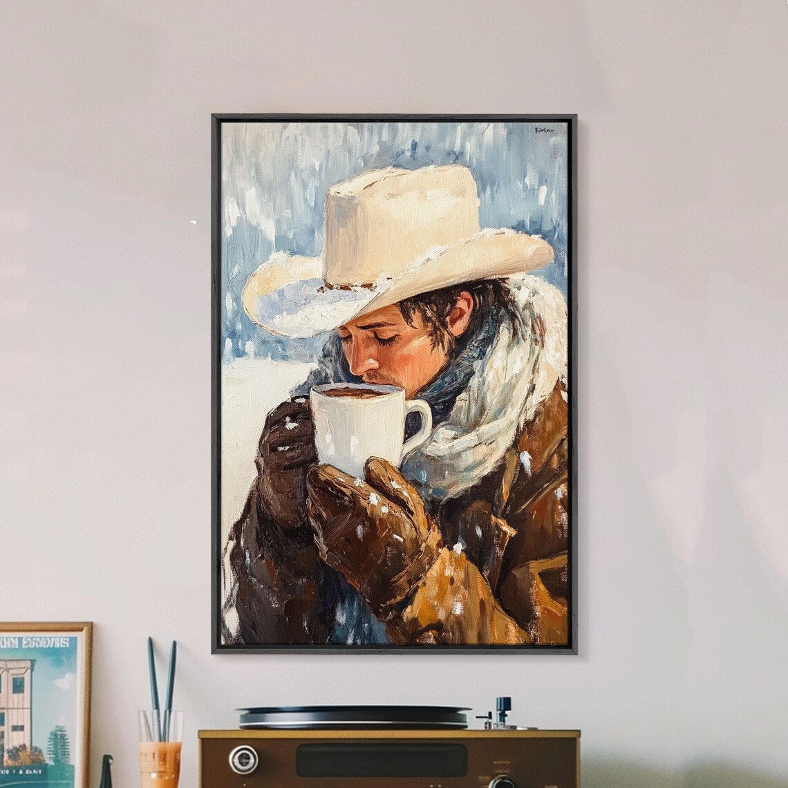 Cowboy Sipping Cocoa In Snow White Hat Gloves Framed Winter Art Poster - Image 5