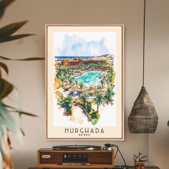 Hurghada Egypt Red Sea Resort Palm Lagoon Pool Watercolor Travel Poster