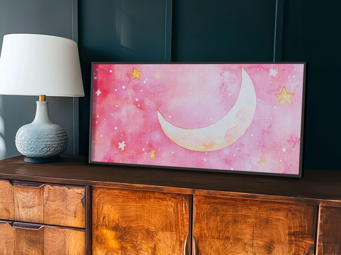 Pink Watercolor Crescent Moon And Gold Stars Celestial Night Sky Poster - Image 6