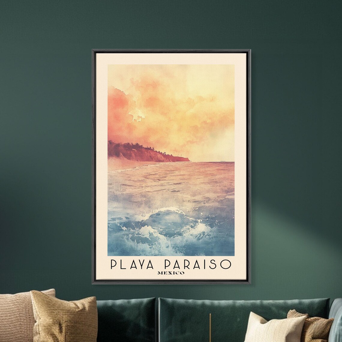 Playa Paraiso Mexico Peach Sunset Ocean Glow Watercolor Travel Poster - Image 5