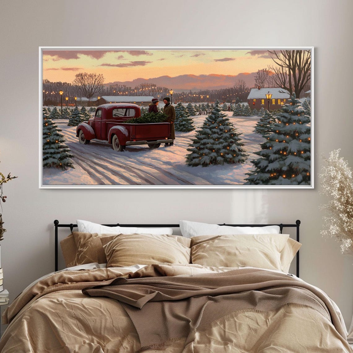Vintage Red Truck At Snowy Christmas Tree Farm Sunset Glow Poster - Image 2