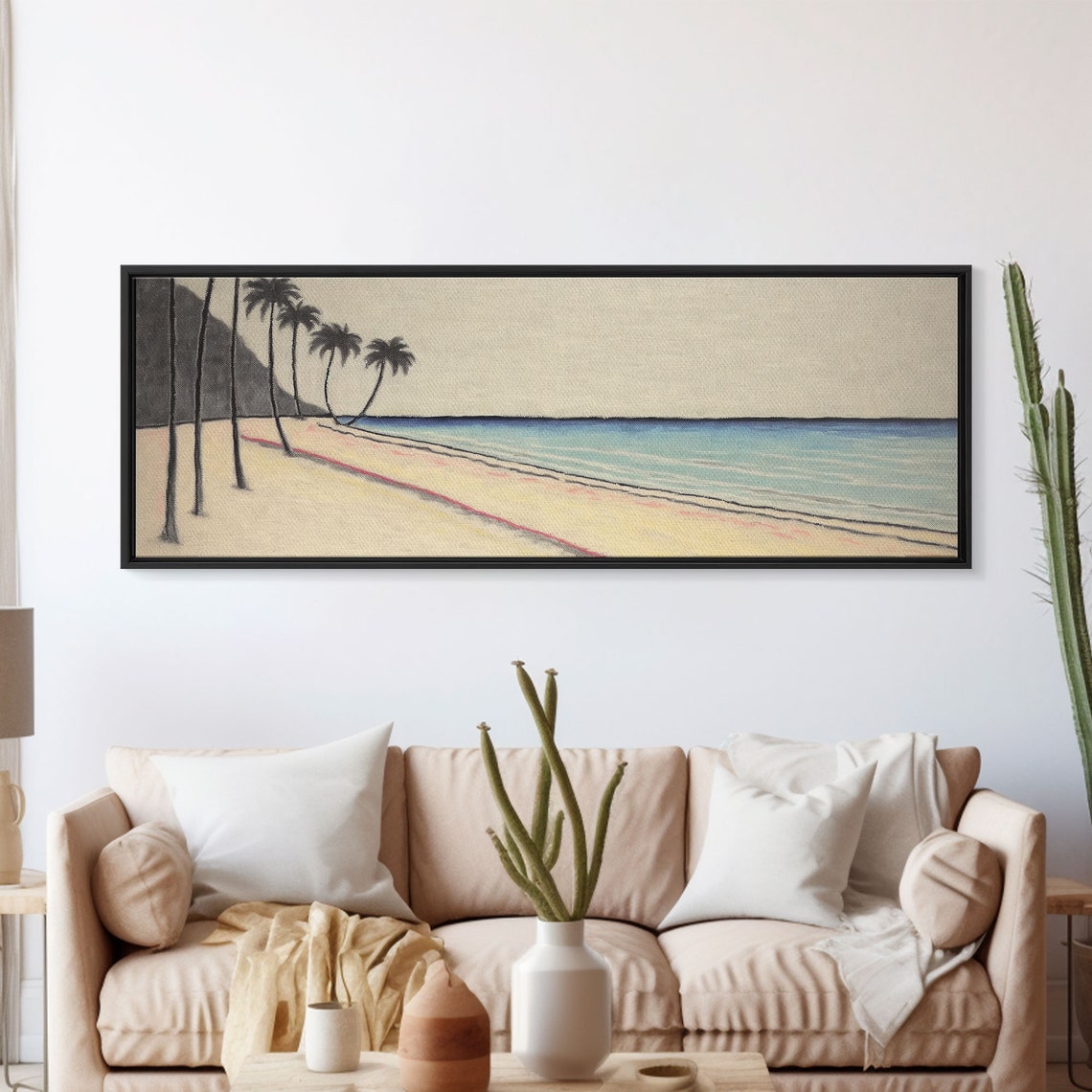 Minimalist Beach Art Print Seashore Shoreline Ocean Plam Trees Tropical Beach Wall Decor Panoramic Wall Art Print - Image 5