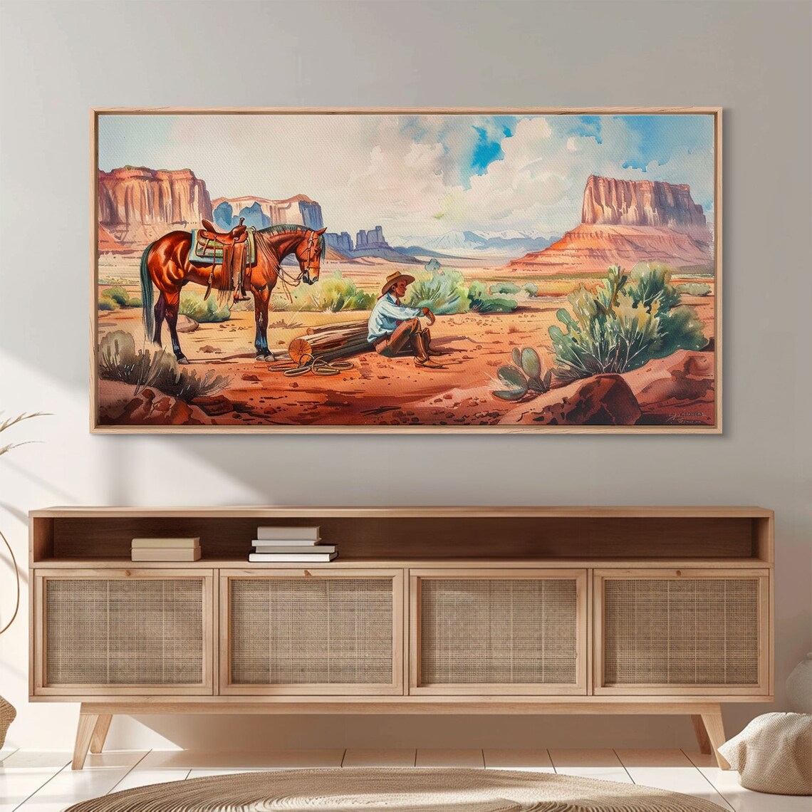 Cowboy Resting by Horse Red Rock Desert Western Scene Painting Poster - Image 5