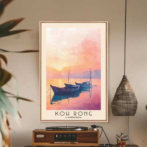 Koh Rong Cambodia Fishing Boats Pink Sunset Sea Watercolor Poster