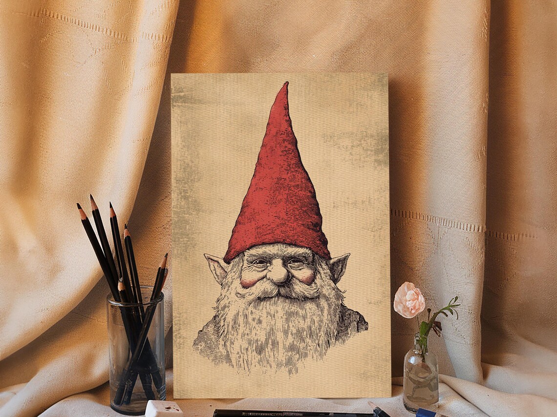 Gnome Portrait Red Hat Sepia Sketch Vintage Christmas Character Poster - Image 3
