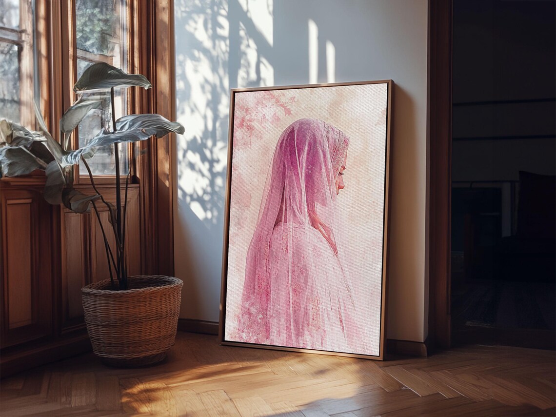 Woman In Flowing Pink Veil Watercolor Romantic Portrait Wall Art Print - Image 6