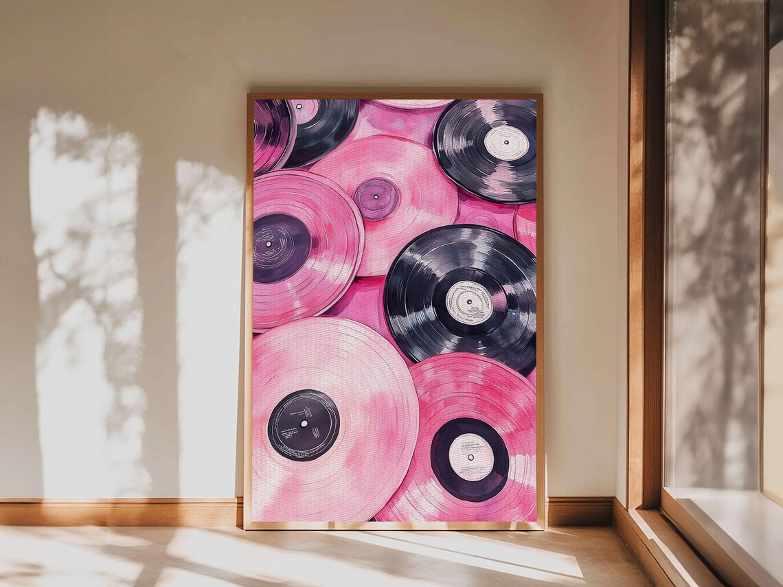 Pink And Purple Vinyl Records Close-Up Retro Music Wall Art Print - Image 4