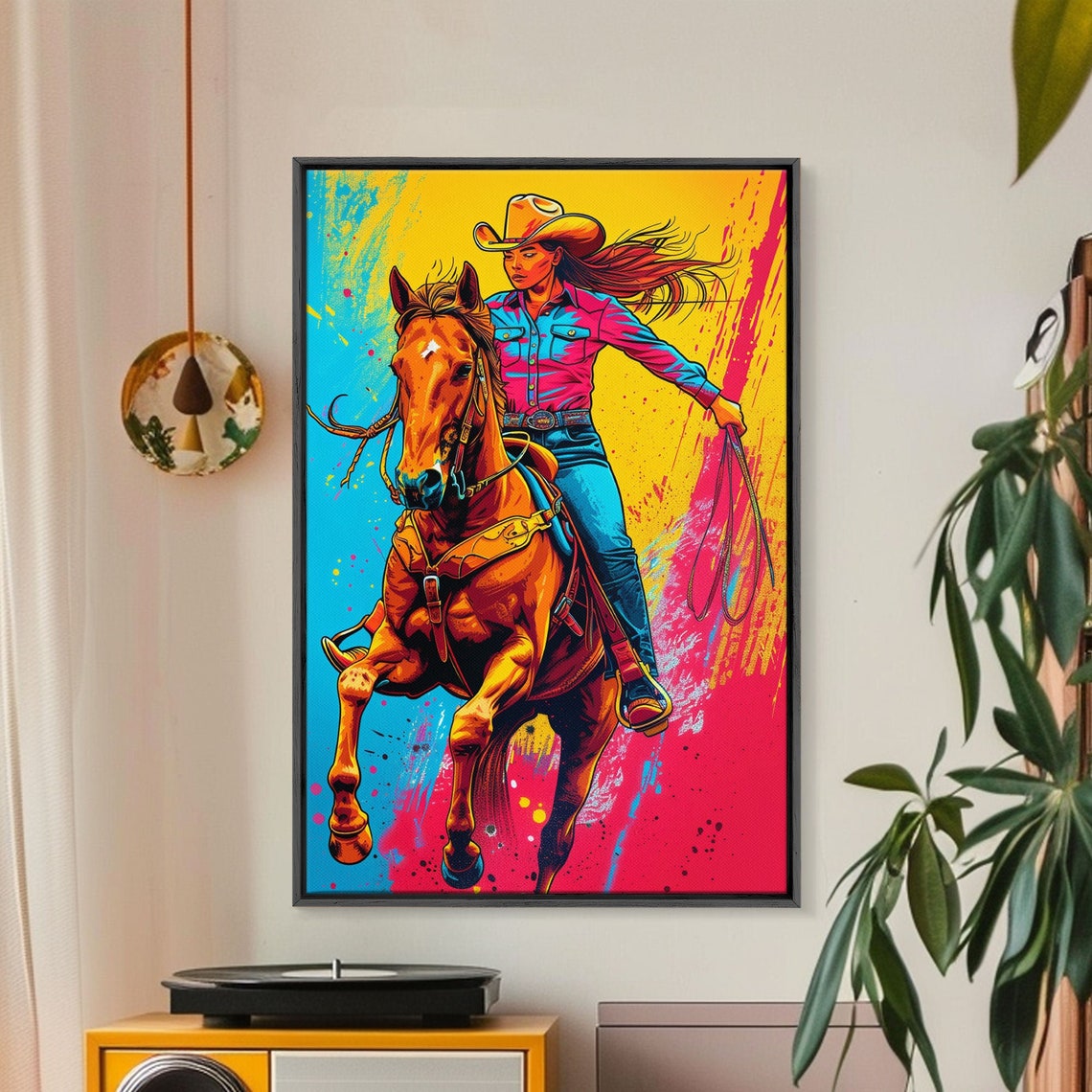 Bold Pop Art Cowgirl Riding Horse With Bright Colors Framed Print Equestrian Decor Cowgirl Art For Bedroom Living Room Wall Art - Image 2