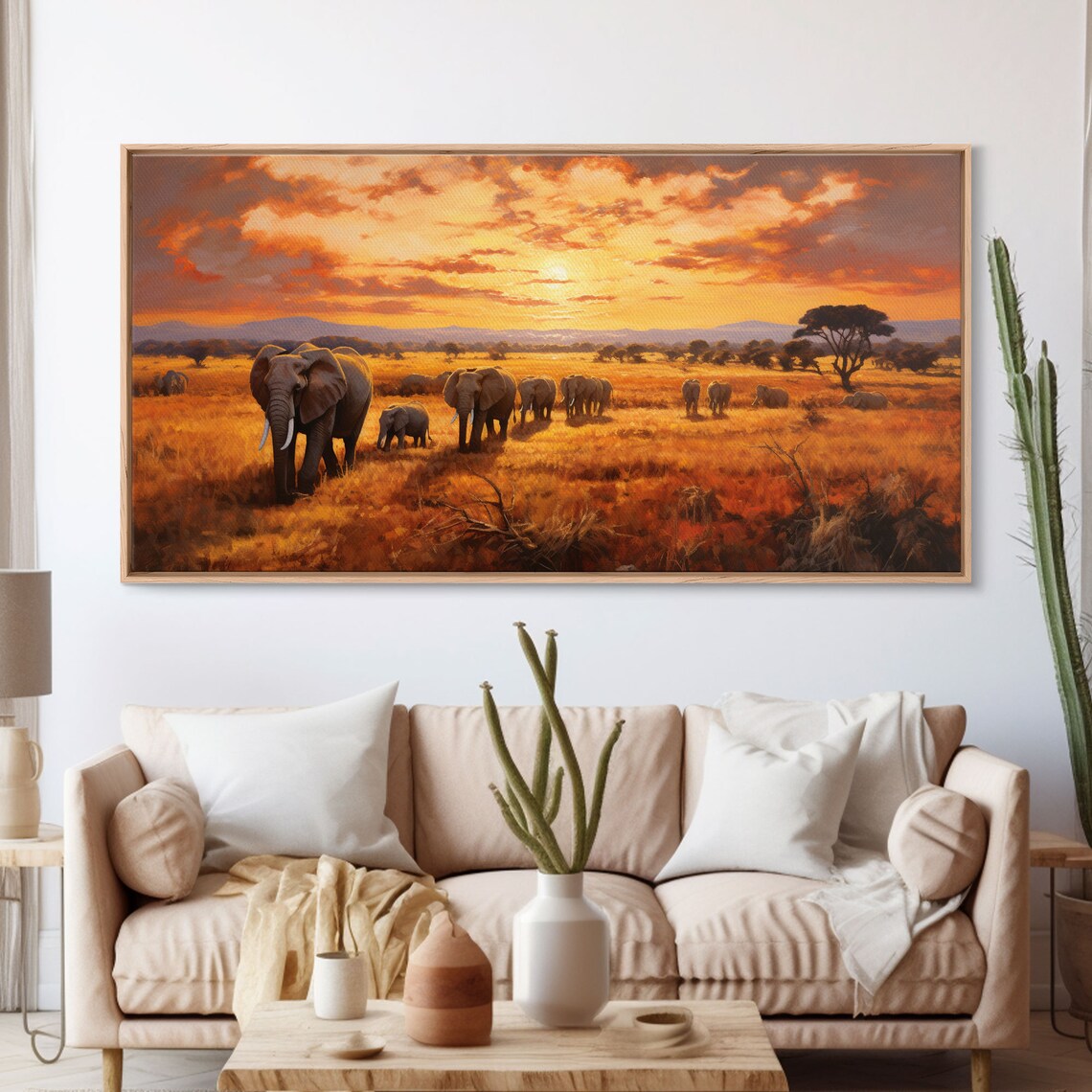 African Elephants Herd Savanna Sunset Acacia Tree Golden Safari Wildlife Wall Art Print - Image 4