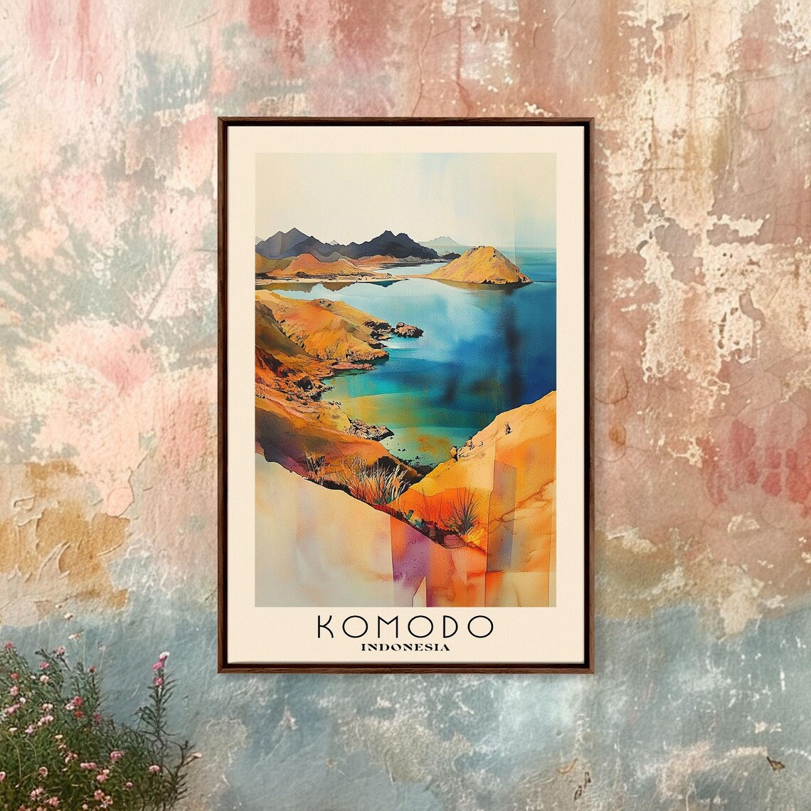Komodo Indonesia Golden Hills Turquoise Bays Savanna View Watercolor Poster - Image 4