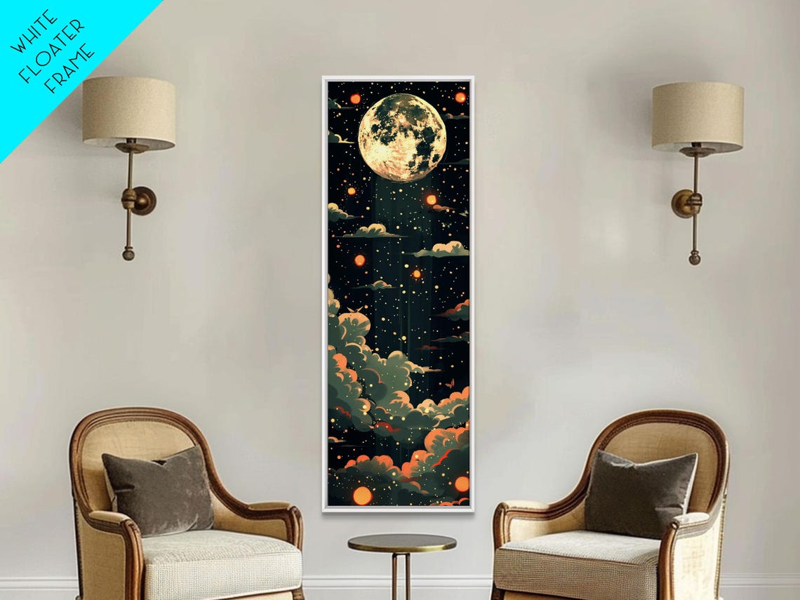 Moonlit Night Glowing Lanterns Clouds Dark Japanese Art Poster