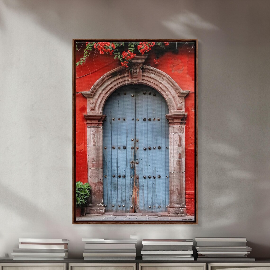 Blue Gray Wooden Double Door Stone Arch Red Bougainvillea Art Poster - Image 4