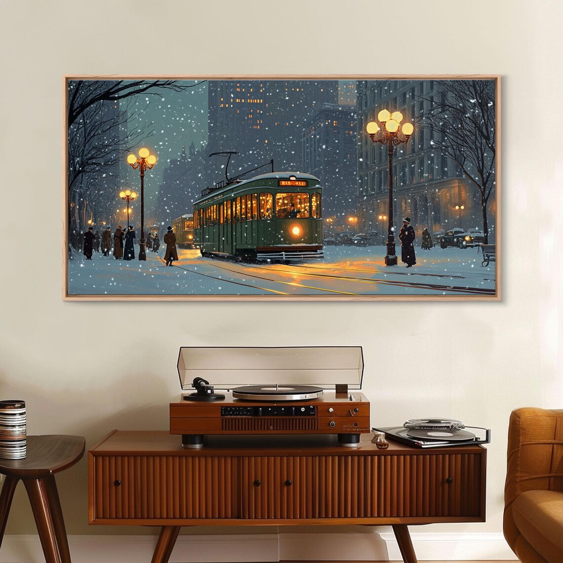 Vintage Christmas Street Scene Green Tram Snowy Night City Poster - Image 4