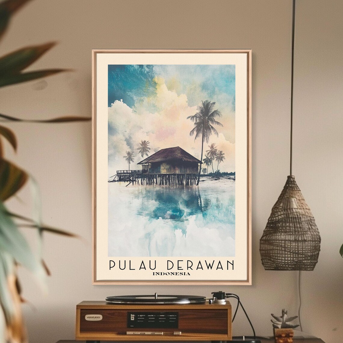 Pulau Derawan Indonesia Stilt Hut Over Calm Lagoon Palms Sunset Reflection Poster - Image 2