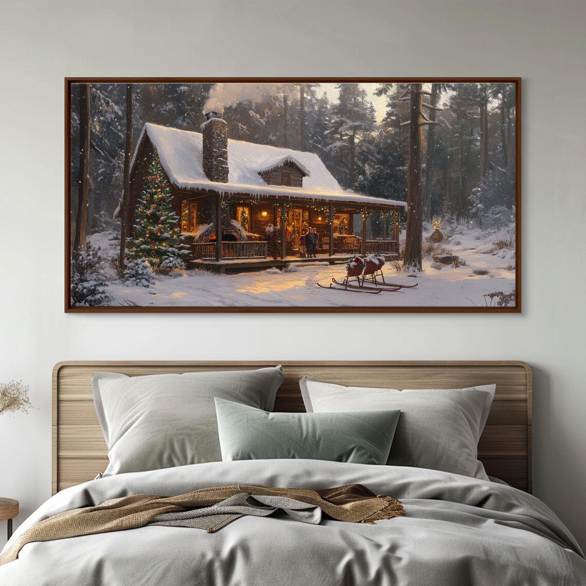 Snowy Log Cabin Porch Christmas Tree Sleds Night Winter Wall Art - Image 6