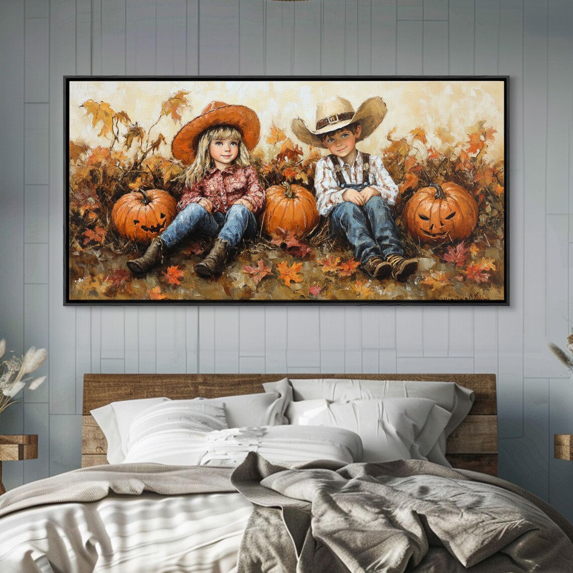 Two Cowboy Kids Sitting Among Pumpkins With Jack O Lantern Retro Fall Poster - Image 2