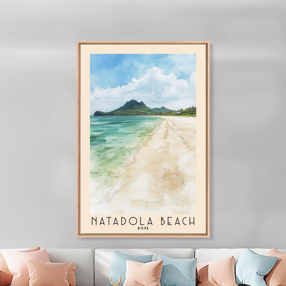 Natadola Beach Fiji Long Sandy Beach Green Mountain Watercolor Poster - Image 3