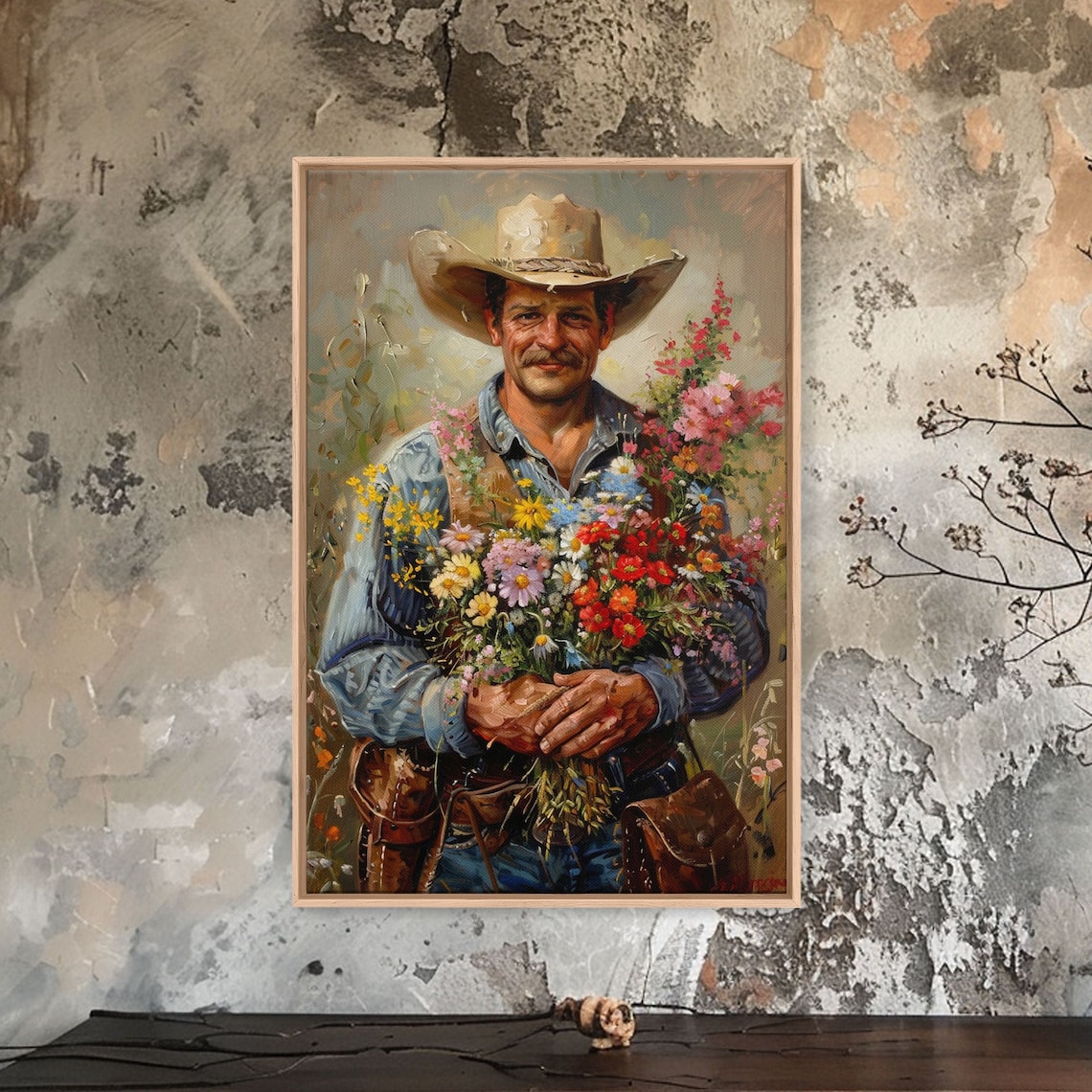 Smiling Cowboy Holding Wildflower Bouquet Colorful Western Art Poster - Image 4