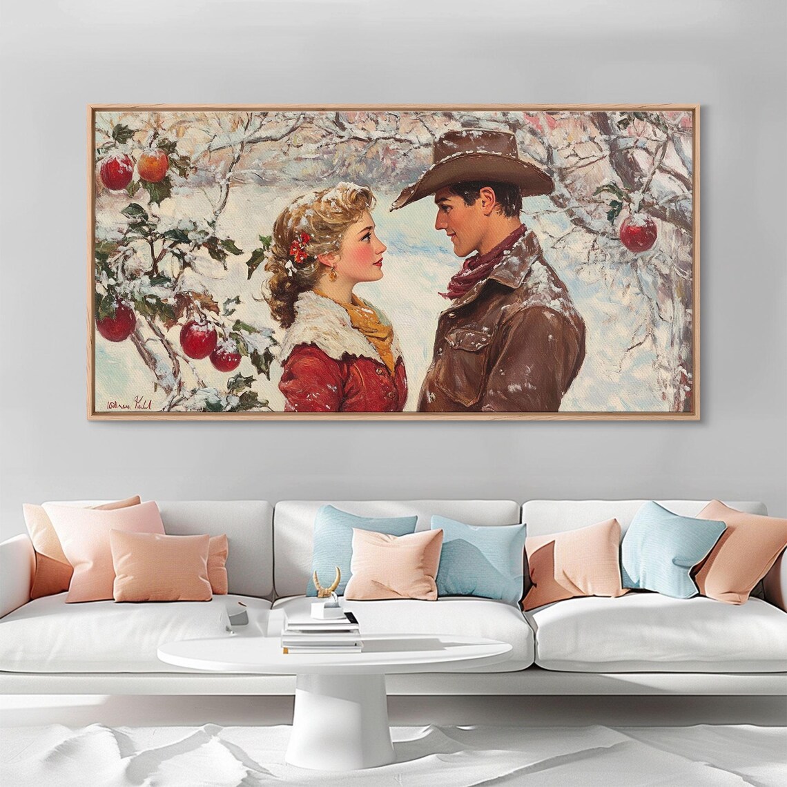 Cowboy Cowgirl Meet Under Mistletoe In Snowy Winter Orchard Poster - Image 3