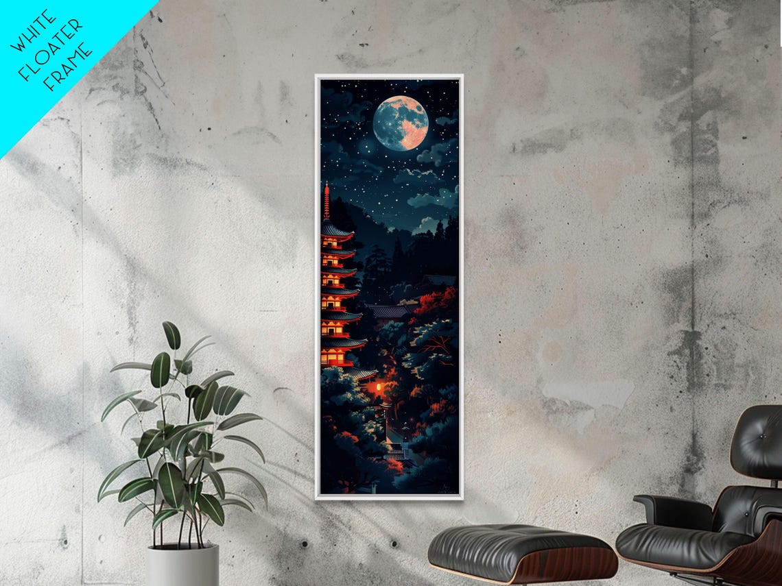 Japanese Pagoda Temple Full Moon Night Blue Red Tall Art Poster - Image 6