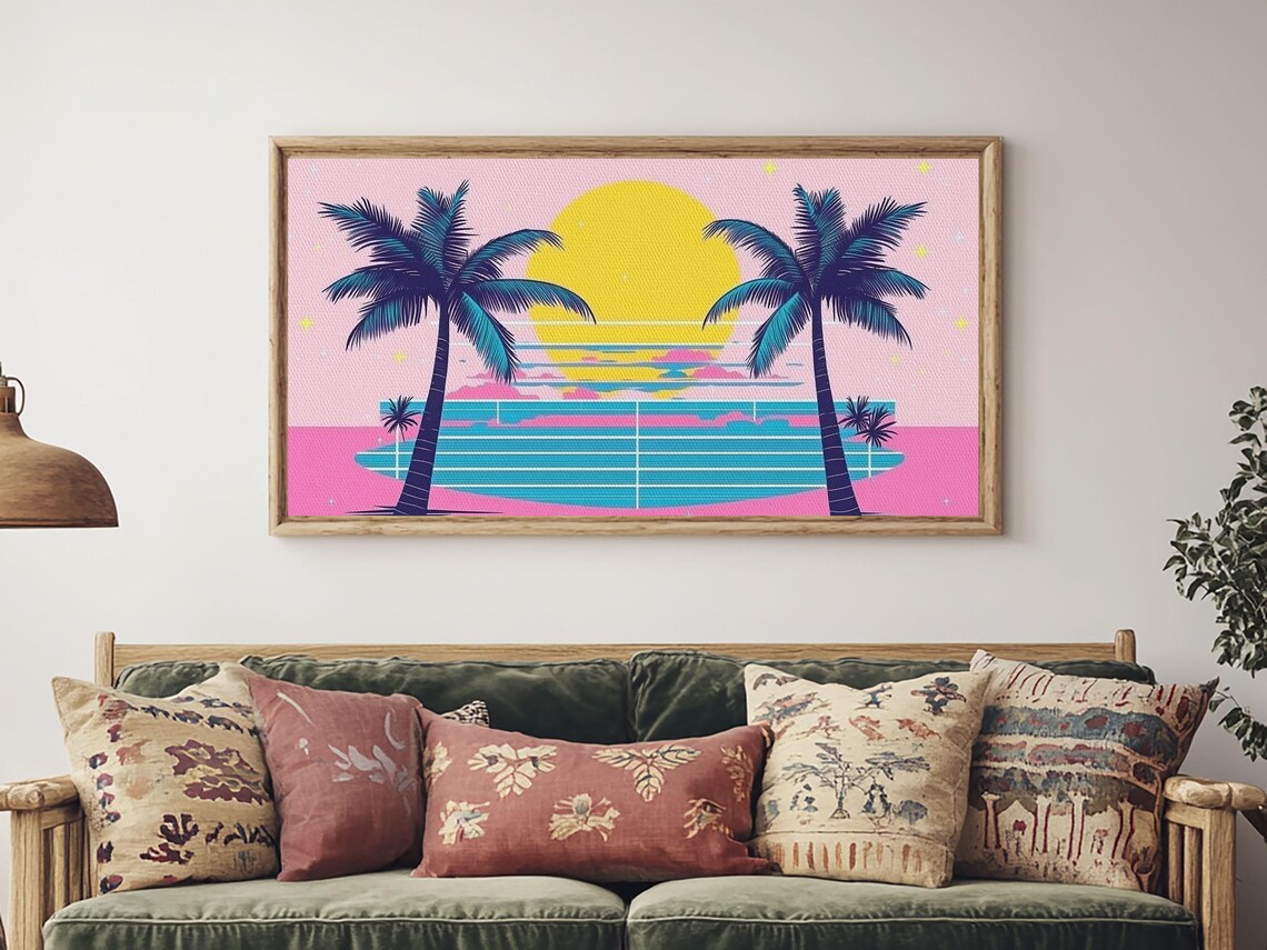 Retro Synthwave Outrun Art Print, Palm Trees Sunset - Image 3
