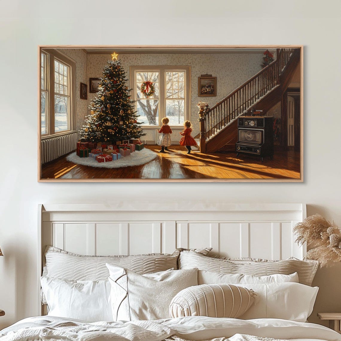 Vintage Christmas Children By Tree Cozy Holiday Home Scene Poster - Image 2