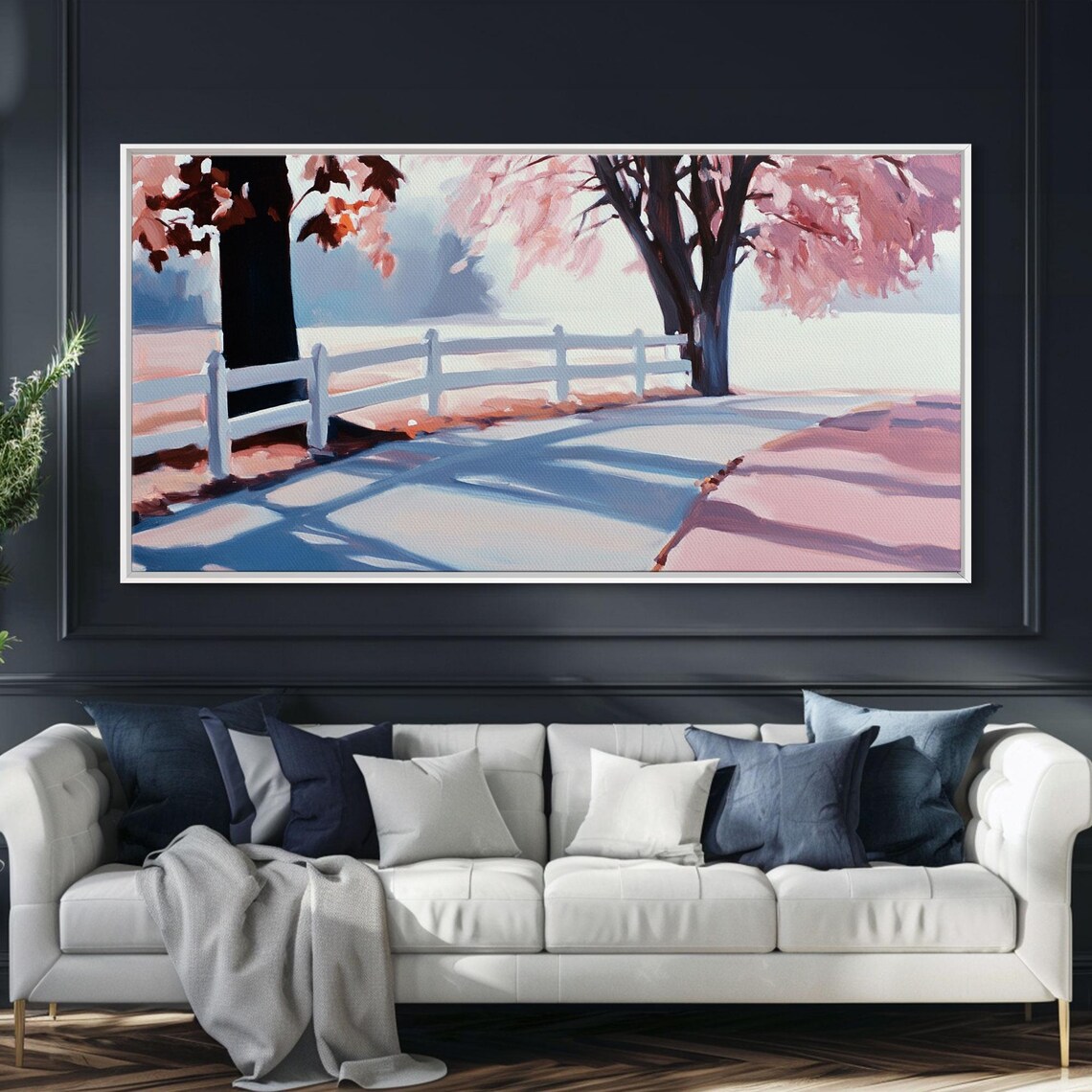 Snowy Farm Lane White Fence Pink Blossom Trees Winter Path Poster - Image 3