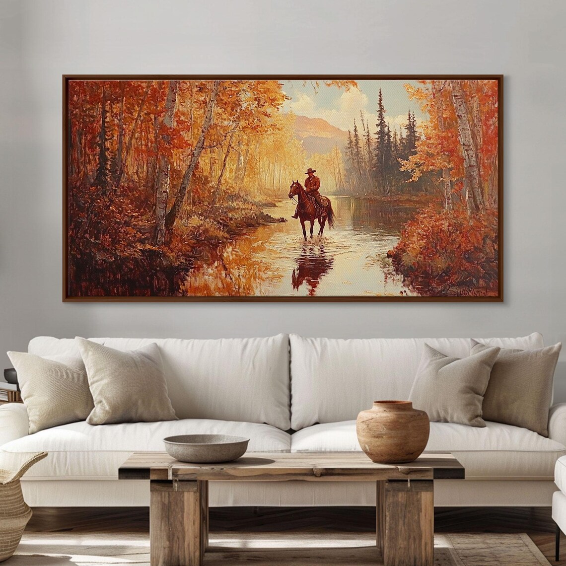 Autumn Cowboy Riding Horse Through River Golden Forest Trail Poster - Image 2