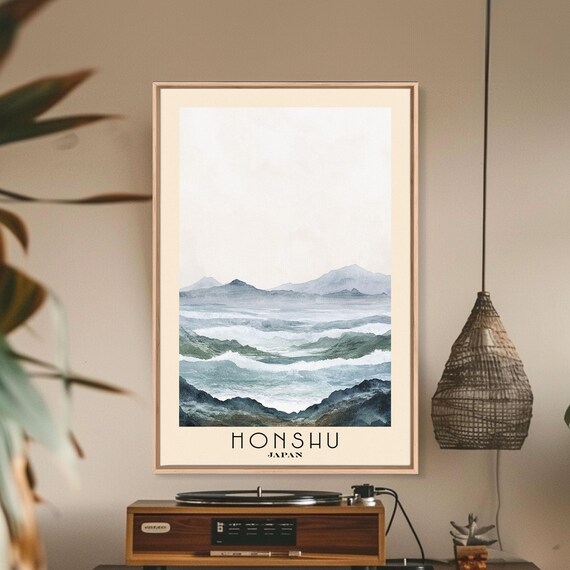 Honshu Japan Misty Mountain Seascape Grey Blue Watercolor Print